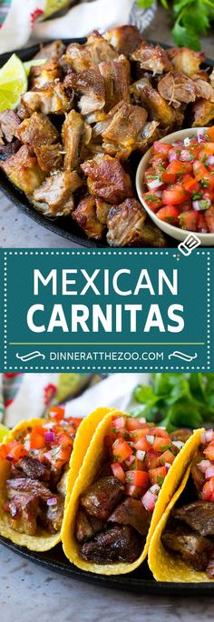 mexican carnitass on a platter with salsa and cilantro