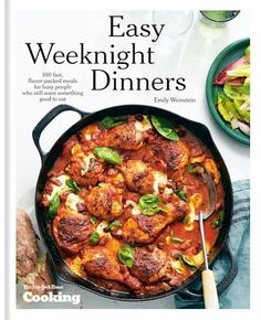 the cover of easy weeknight dinners cookbook, with an image of a skillet and