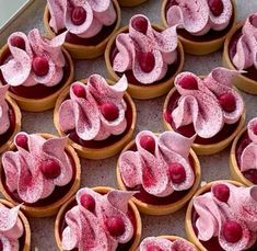 several cupcakes with pink frosting and cherries on them