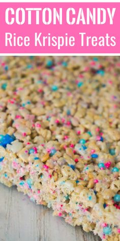 cotton candy rice krispie treats with sprinkles on top and text overlay