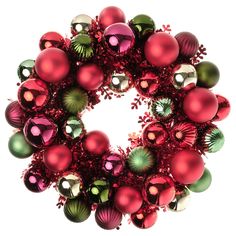 a christmas ornament wreath with red and green ornaments