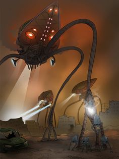 an image of a sci - fi monster attacking another creature in the desert with lights on