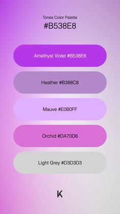 Tones Color Palette Amethyst Violet #B538E8 · Heather #B388C8 · Mauve #E0B0FF · Orchid #DA70D6 · Light Grey #D3D3D3 Violet Color Palette, Light Violet, Violet Color, Ipad Art, Hex Colors, In Depth, Unique Colors, Color Trends