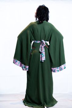 Green Bohemian Wrap Maxi Dress, Green Bohemian Robe With Kimono Sleeves, Bohemian Robe With Kimono Sleeves In Green, Green Kimono With Kimono Sleeves For Tea Ceremony, Green Bohemian Maxi Length Kimono, Green Long Sleeve Kaftan For Loungewear, Traditional Green Kimono For Spring, Green Traditional Kaftan With Kimono Sleeves, Traditional Green Kaftan With Kimono Sleeves