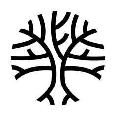 a black and white image of a tree with leaves on it's branches, in the shape of a circle