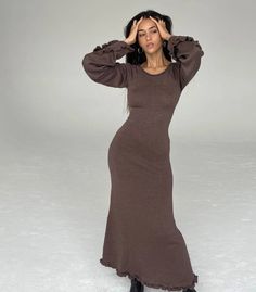 F00195051-202 Maxi Bodycon Dress, Maxi Dress Outfit, Long Knitted Dress, Sweater Maxi Dress, Maxi Knit Dress, Daily Dress, Cutout Dress, Maxi Dress With Sleeves, Flared Sleeves