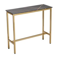 a black and gold marble top console table with metal legs, on an isolated white background