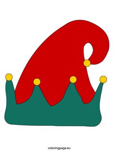 a red and green crown sitting on top of a white surface with two yellow dots