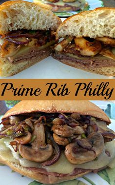 this is an image of a sandwich with mushrooms on it and the words prune rib phily