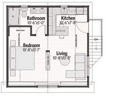 the floor plan for a small house with two bedroom and living room, including an attached bathroom