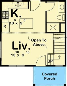 the floor plan for a small house with two levels and an open to above porch