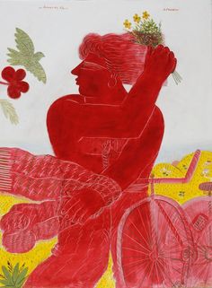 a drawing of a man riding a bike with flowers in his hair and holding a flower