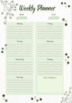 a printable weekly planner with green leaves and flowers on it, in front of a white background