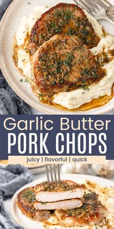 garlic butter pork chops on a plate with mashed potatoes