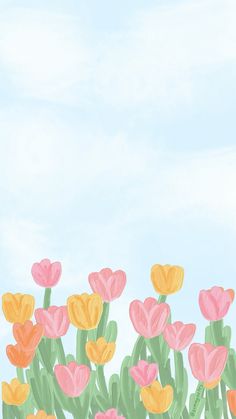 a painting of pink and yellow tulips against a blue sky