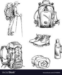 sketches of backpacks and shoes on a white background