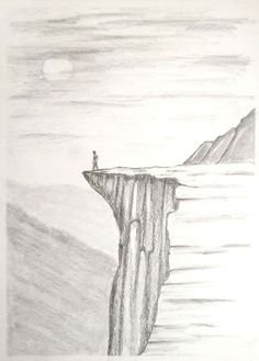 a pencil drawing of a person standing on top of a cliff looking out at the ocean