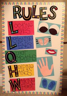 a poster that says rules looking eyes listening ears helping hands winking feet on it