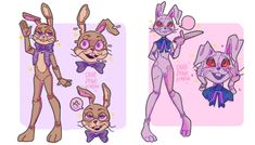 some bunny rabbits with different poses and hair colors, one is wearing a bow tie