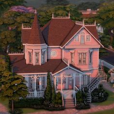 an artist's rendering of a pink victorian house in the middle of a wooded area