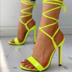 New Never Worn The Steve Madden Level Lime Leather Lace-Up High Heel Sandals Will Brighten Up All Your Favorite Party Dresses! Vivid Lime Green Genuine Leather Forms A Slender Toe-Strap And A Knotted, Slingback Strap That Carries Into Long Laces That Wrap And Tie Above The Ankle. 4.25" Wrapped Stiletto Heel. Cushioned Insole. Rubber Sole Has Nonskid Markings. Genuine Nubuck Leather Upper Yellow Party Sandals With 4-inch Heel, Yellow Open Heel Sandals For Party, Yellow Summer Evening Heels, Lime Green Heels For Spring Party, Yellow Pointed Toe Sandals For Spring, Trendy Yellow Heels With Heel Strap, Spring Yellow Pointed Toe Sandals, Spring Yellow Heels With 4-inch Heel, Yellow Heels With 4-inch Heel For Spring