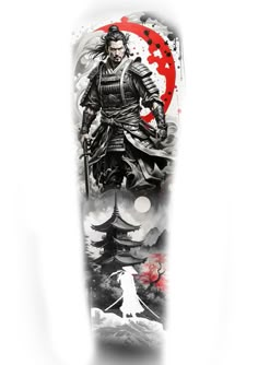 a snowboard with an image of a samurai on it's side and the moon in the background