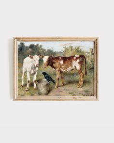 a painting of two cows and a bird in a field