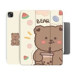 an iphone case with a bear holding a drink and watermelon slices on it