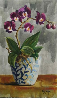 a painting of purple flowers in a blue and white vase