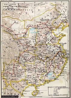 an old map of china showing the roads and major cities in different directions, with yellow lines