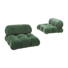 two pieces of green velvet sitting next to each other on a white background, one is reclining and the other has an ottoman