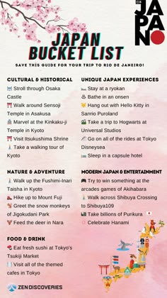 the japan bucket list is displayed on a pink background