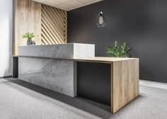 an office with a marble desk and planters