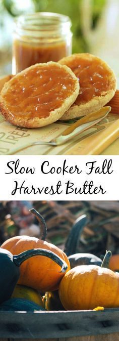 two pictures with different types of food in them and the words slow cooker fall harvest butter