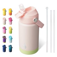 thermos cup with straws is next to several different colored cups and spoons