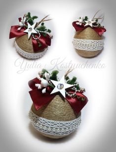 three baskets decorated with red bows and white lace, each containing an ornament