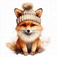 a painting of a fox wearing a knitted hat