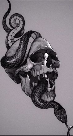 a drawing of a skull with a snake wrapped around it's neck and mouth