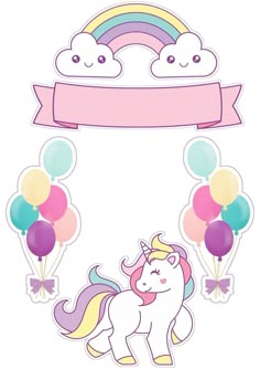 an image of a unicorn with balloons and a banner on the back ground, in pastel colors