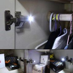 there are pictures of the inside of a closet with clothes hanging on hooks and boxes