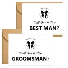 two greeting cards with the words, will you be my best man? and groomsman?