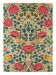 an intricately designed wallpaper with flowers and leaves in red, green, yellow and blue