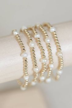 handcrafted stretch bracelet made with 14k gold filled 3mm beads, and fresh water pearls made by artists in the USA Length - 6.5 inches Gold Jewelry Prom, Bracelets Pearl, Colorful Bead Bracelets, Gold Bracelet Set, Prom Jewelry, Handcrafted Bracelets