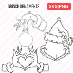 the grinch ornament is shown in black and white, with an image of santa