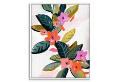 an art print with pink flowers and green leaves