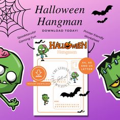 an image of halloween hangman stickers on a purple background with bats and spider web