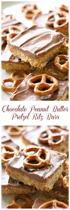 chocolate peanut butter pretzel bites are stacked on top of each other