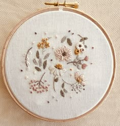 a close up of a embroidery on a piece of cloth with flowers and leaves in it