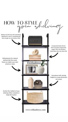 a book shelf with the words how to style your shelving on it and an image of