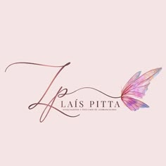 a pink and purple butterfly logo with the word laris pitta written in cursive writing